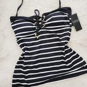 NWT Ralph Lauren Port Black White Stripe Lace Front Tankini Tankini Swim Top